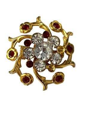 Vintage Gold Tone Floral Rhinestone Brooch Red Clear Crystal Pin Statement